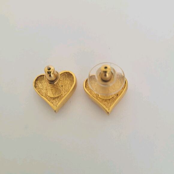 Vintage Valentino Rhinestone Gold Tone Stud Earrings Small Hearts V - Picture 2 of 6